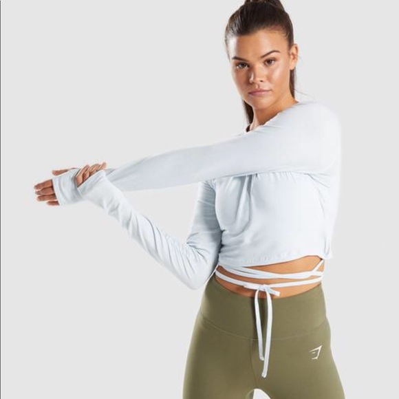 Gymshark Tops - Gym Shark Long Sleeve Ribbon Crop Top in Ice Blue